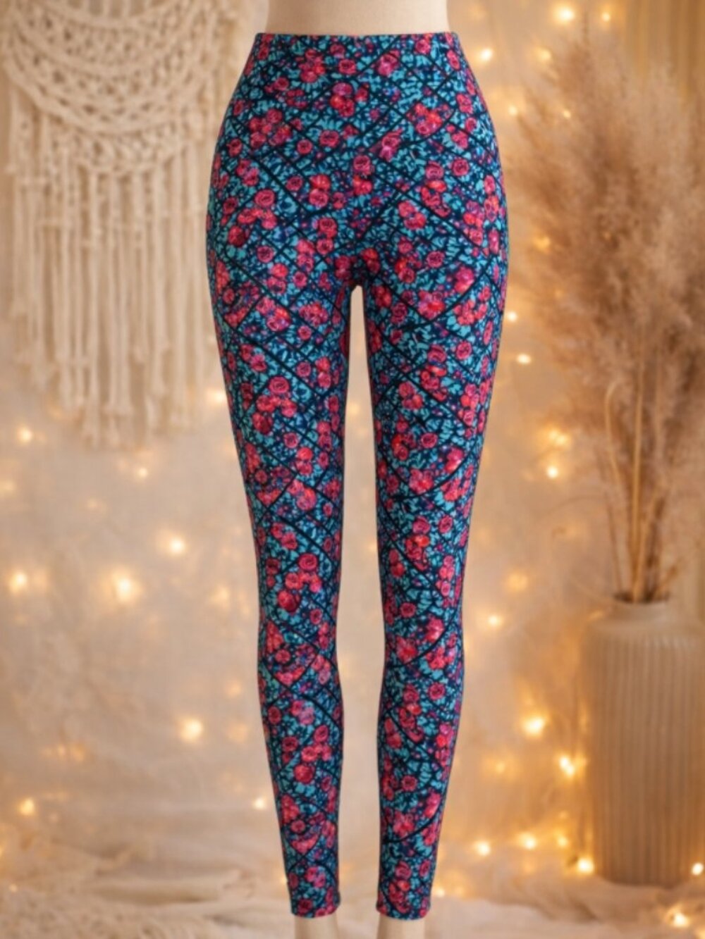 LuLaRoe Floral Print Buttery Soft Leggings L–XL Tall & Curvy Boho Vibrant Teal